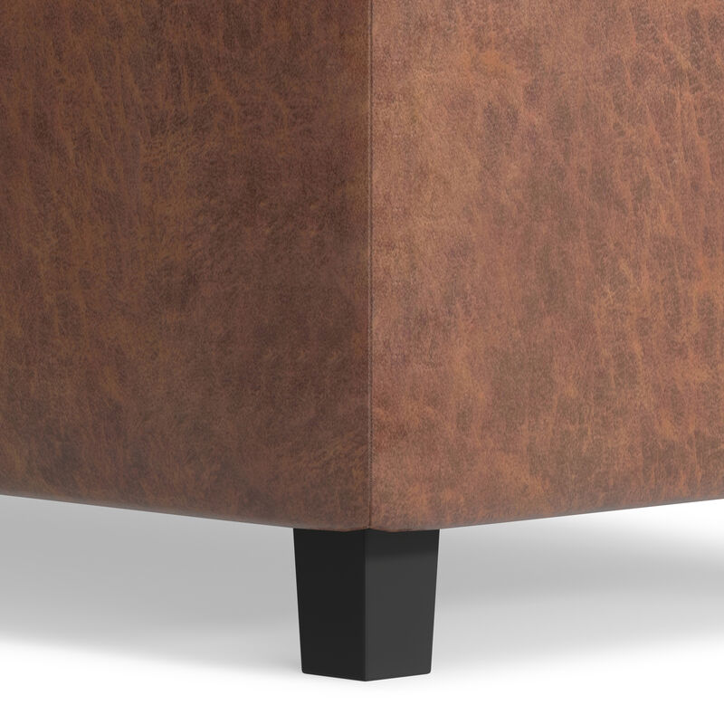 Cosmopolitan 34 inch Wide Transitional Rectangle Storage Ottoman in Distressed Saddle Brown Vegan Faux Leather, Assembled