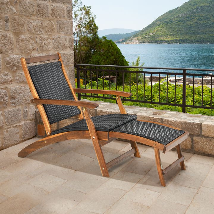 Patio Rattan Folding Lounge Chair with Acacia Wooden Frame Retractable Footrest
