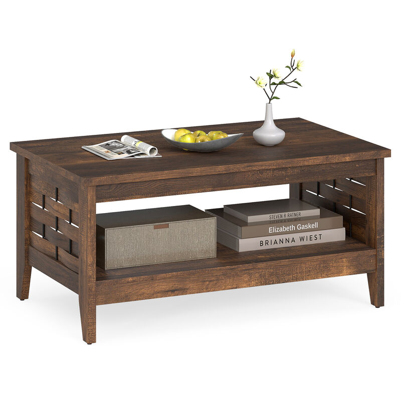 2-Tier Farmhouse Living Room Coffee Table with Open Storage and Woven Details image number 3