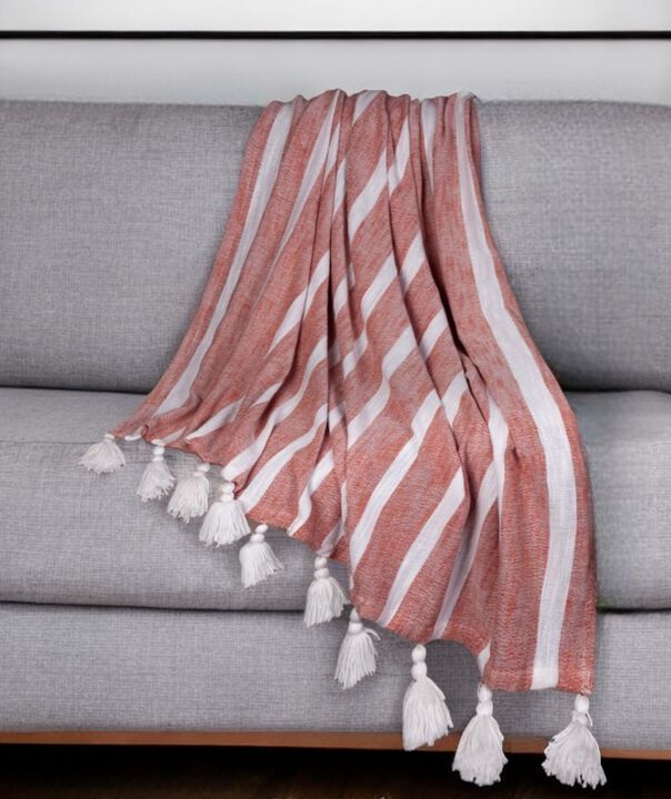 HomeRoots 50" X 60" Rust Woven Cotton Striped Throw Blanket with Tassels