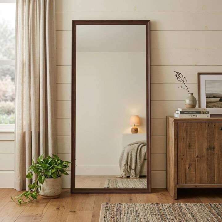 HomeRoots 71" Brown Wood Wall Mounted And Leaning Framed Full Length Mirror
