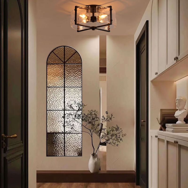 Emma Black 4-Light Metal Frame Textured Glass Panels Flush Mount image number 9