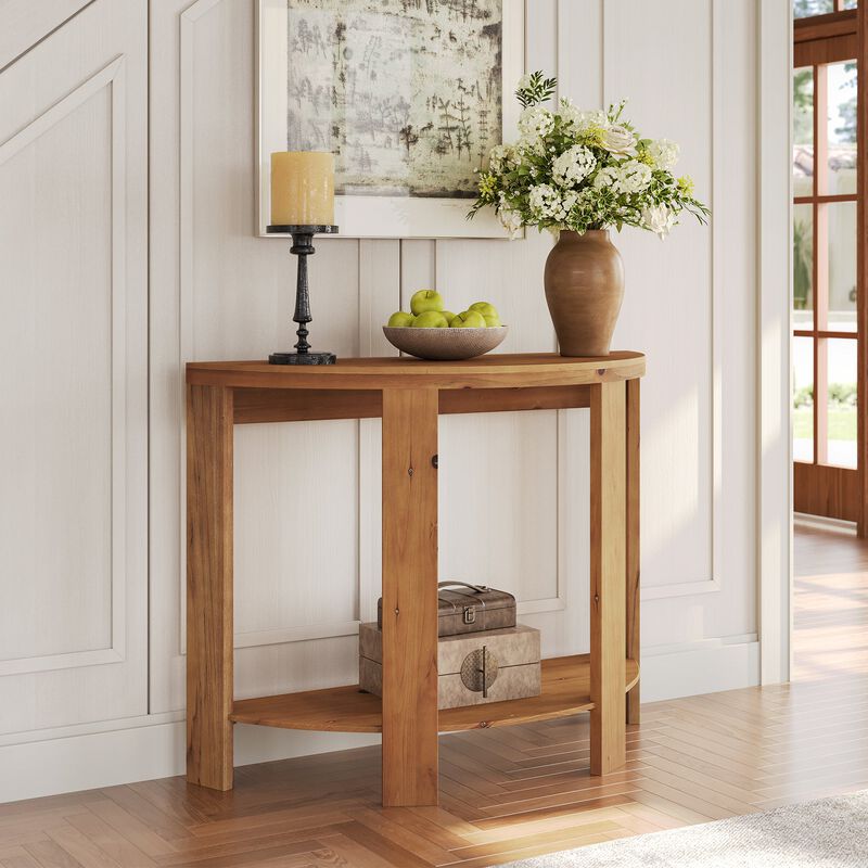 Solid Wood Hallway Console Table, Half-Moon Design with 2-Tier Storage-Brown image number 4