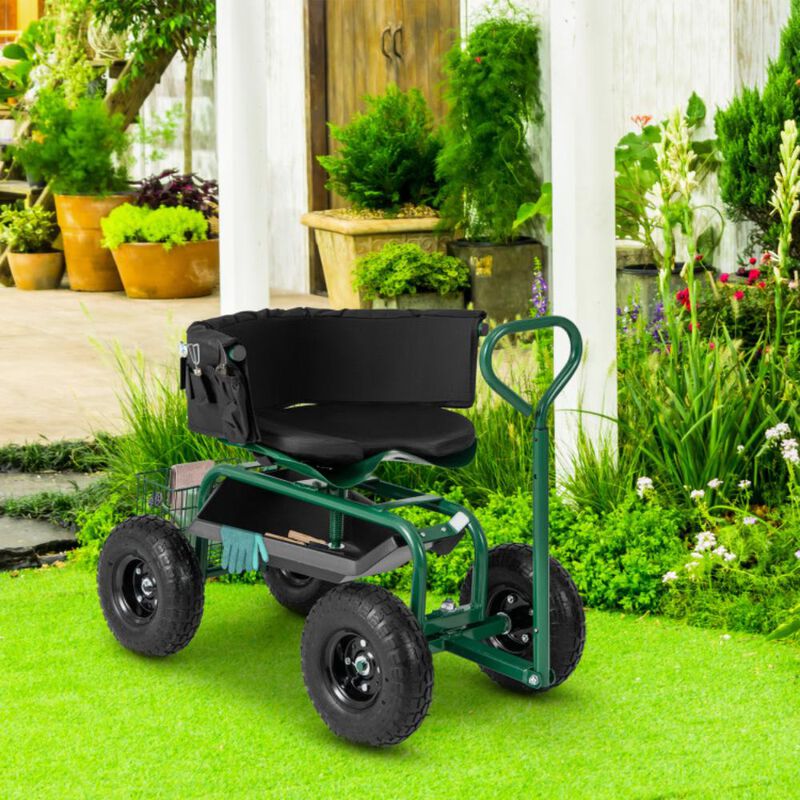 Hivvago Cushioned Rolling Garden Cart Scooter with Storage Basket and Tool Pouch
