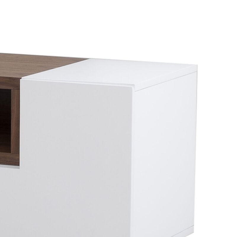 Fila 71 Inch TV Media Console, 3 Pull Out Drawers Open Center, White, Brown - Benzara