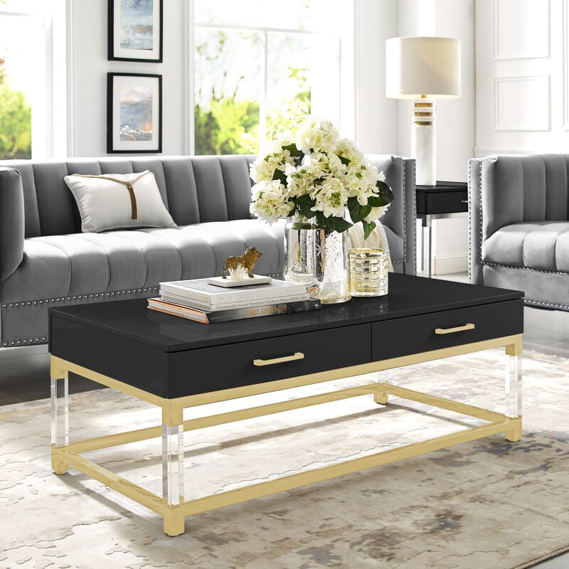 Inspired Home Kalel High Gloss 2 Drawers Coffee Table with Acrylic Legs Stainless Steel Base