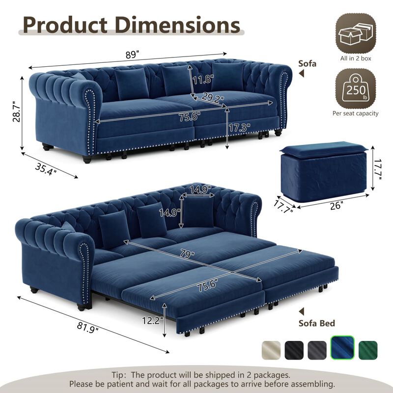 3-in-1 Pull-Out Sleeper Sofa, Velvet Chesterfield Sofa with Rolled Arms and Tufting, 89 Inch Convertible Sofa Bed with Ottoman image number 2