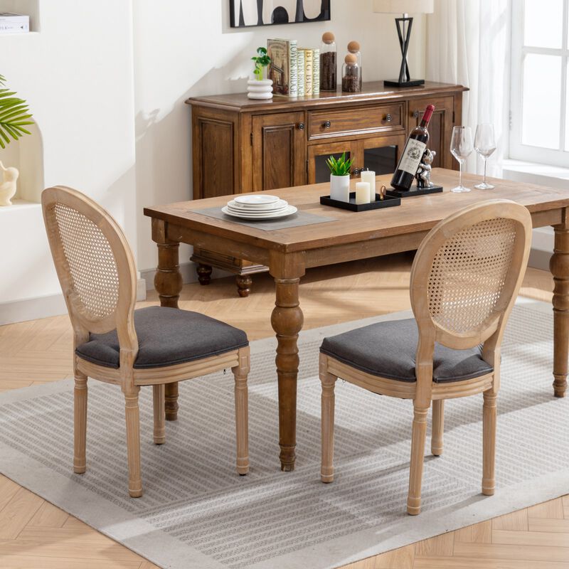 Whisen French Style Dining Chair, Solid Rubberwood Frame with Linen Upholstery and Rattan Back, Set of 2 for Living Room Kitchen image number 4