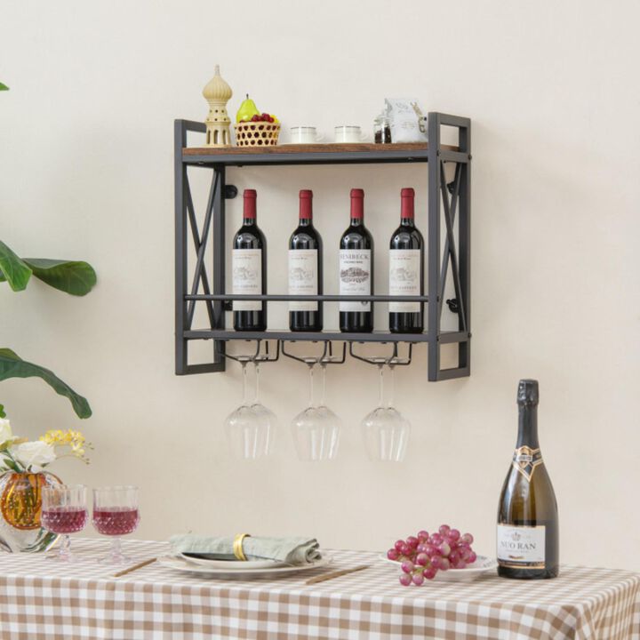 Hivvago Industrial Wall Mounted Wine Rack with 3 Stem Glass Holders