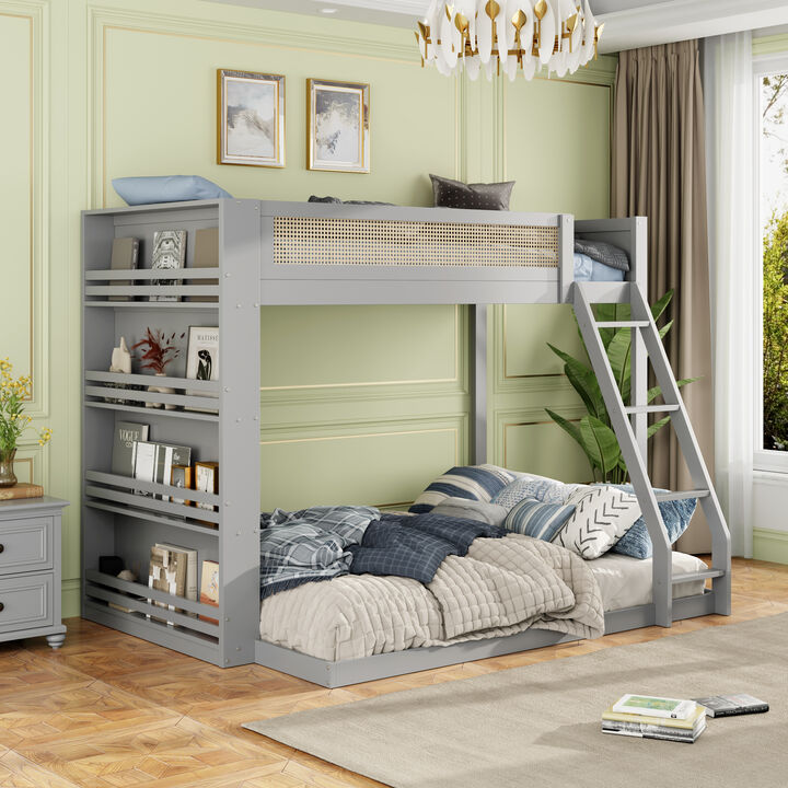 Merax Twin over Full Bunk Bed with Rattan Guardrail, LED Light & 4-Tier Side Bookshelf
