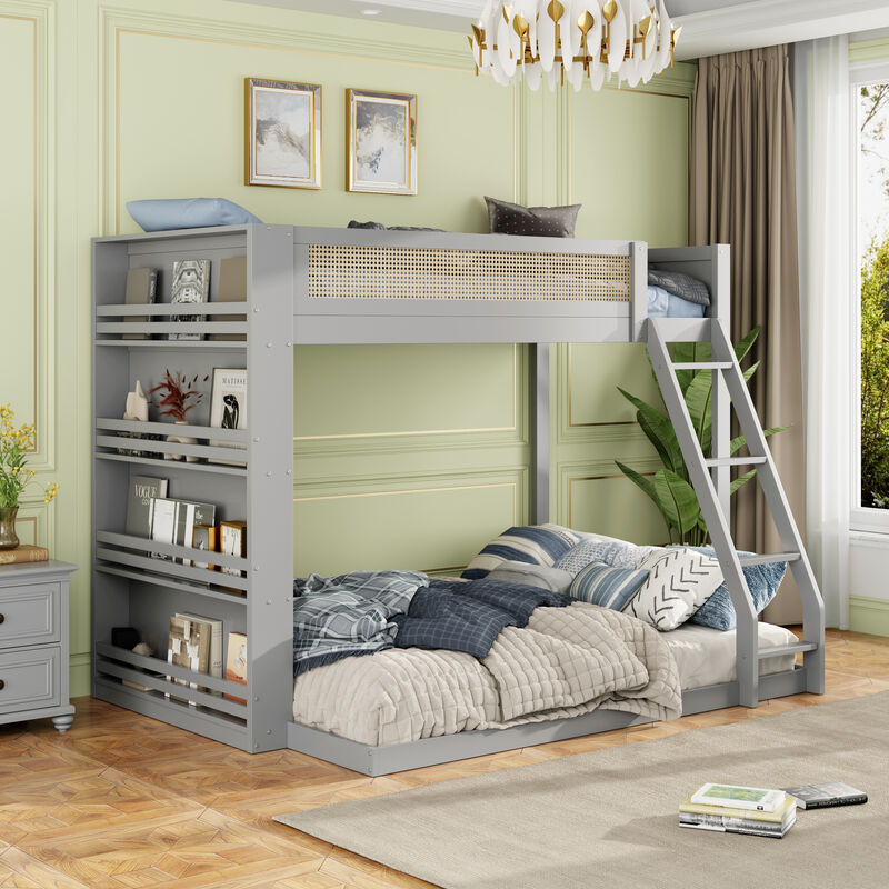 Merax Twin over Full Bunk Bed with Rattan Guardrail, LED Light & 4-Tier Side Bookshelf image number 1