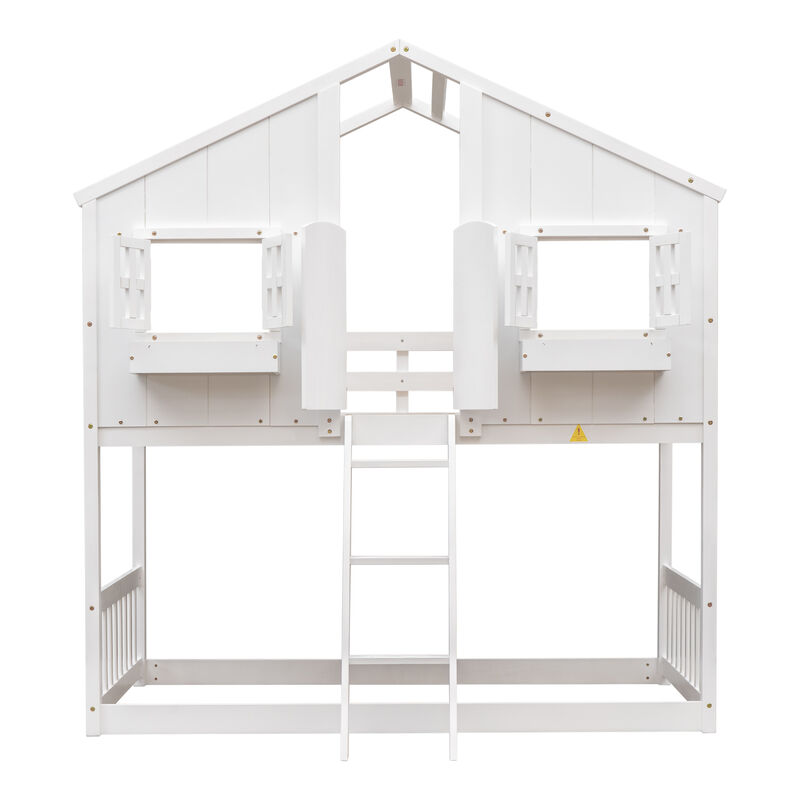 Whisen Twin over Twin House Bunk Bed with Roof, Window, Window Box, Door, with Safety Guardrails and Ladder - White