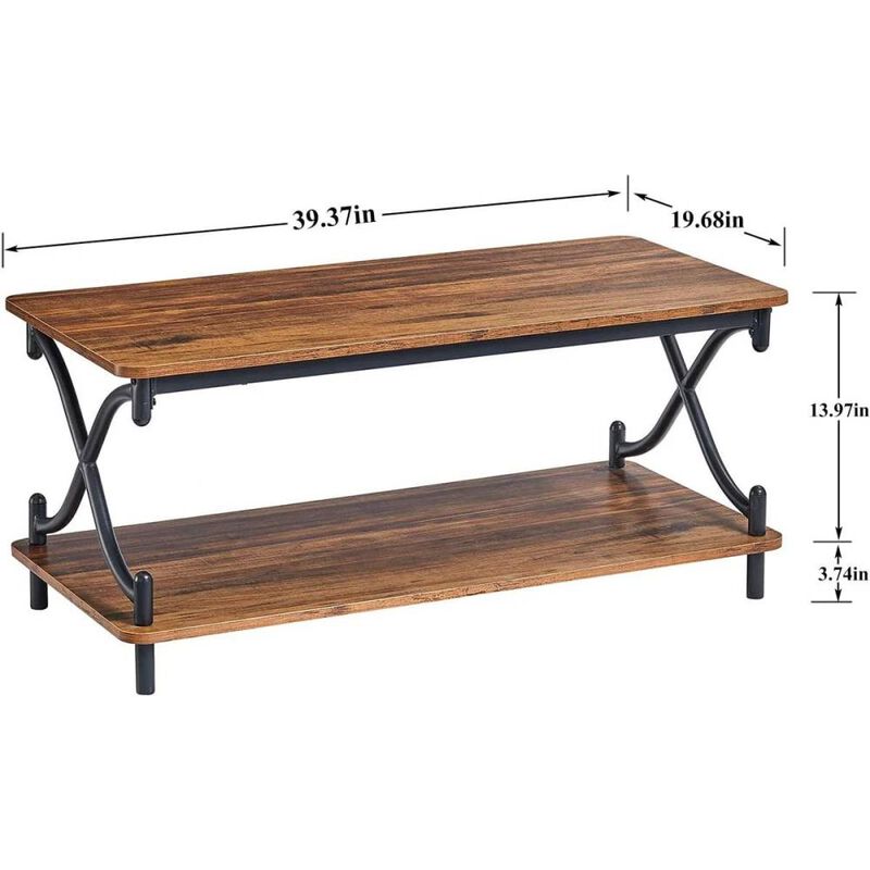 Hivvago Modern Industrial Black Metal Wood Coffee Table with Bottom Storage Shelf