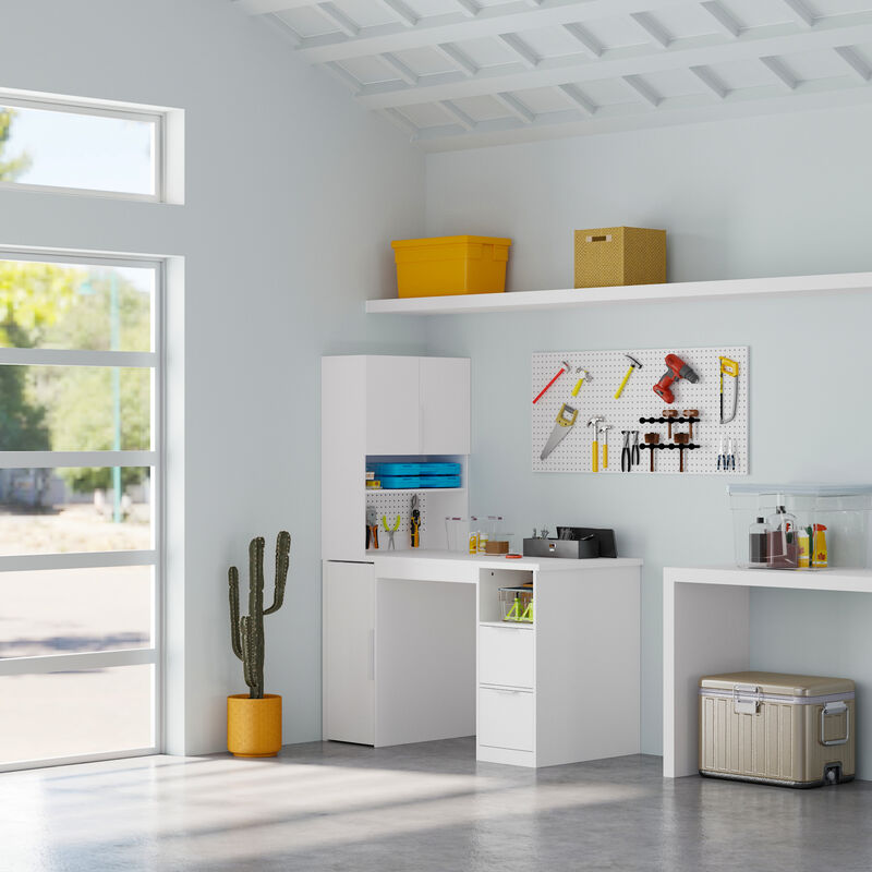 FUFU&GAGA White Study Desk & Storage Cabinet with Sliding Door, Open Shelves & Pegboard, E1 Particle Board, Metal Handles (47.3 in. W x 23.7 in. D x 61.4 in. H)