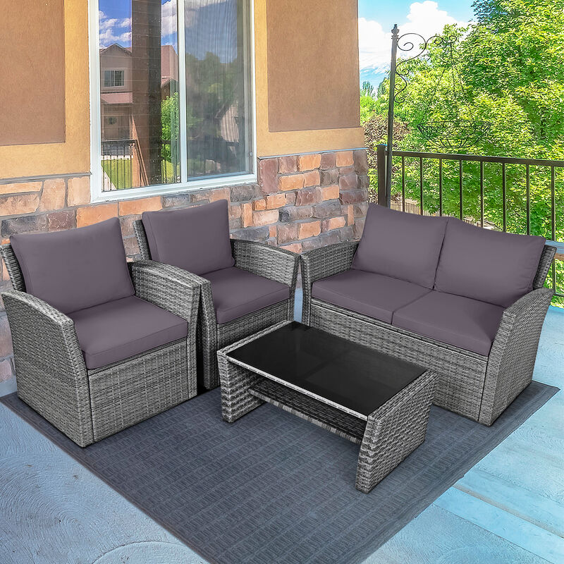 4 Pieces Patio Rattan Furniture Set Sofa Table with Storage Shelf Cushion image number 1