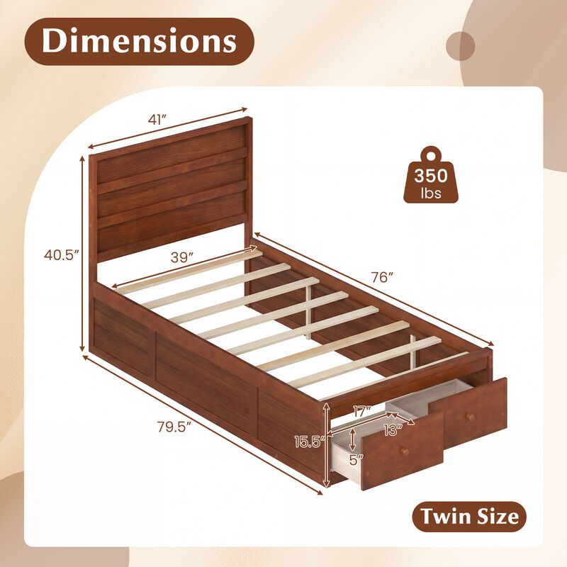Twin Platform Bed Frame with Built-In Storage Drawers and Headboard image number 2