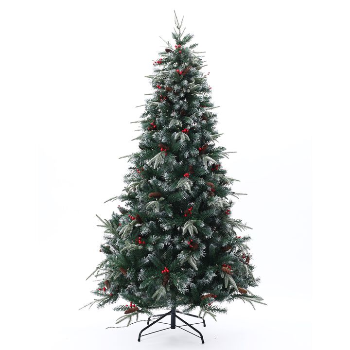 LuxenHome 7Ft Pre-Lit LED Artificial Full Pine Christmas Tree with Pine Cones and Red Holly Berries