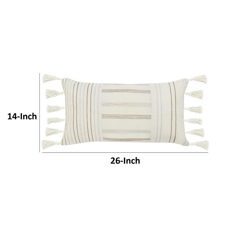 Pini Lumbar Throw Pillow, Boho Striped Design, 14x26 Inch Beige Linen - Benzara