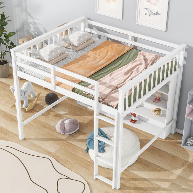Whisen Full Size Loft Bed with Open Storage Shelves and Built-in Ladder - White