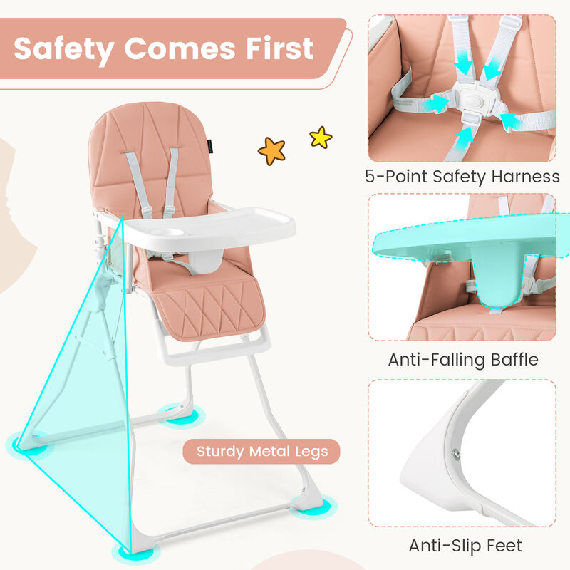 Compact Baby High Chair with Removable Adjustable Tray and PU Seat Cushion image number 2
