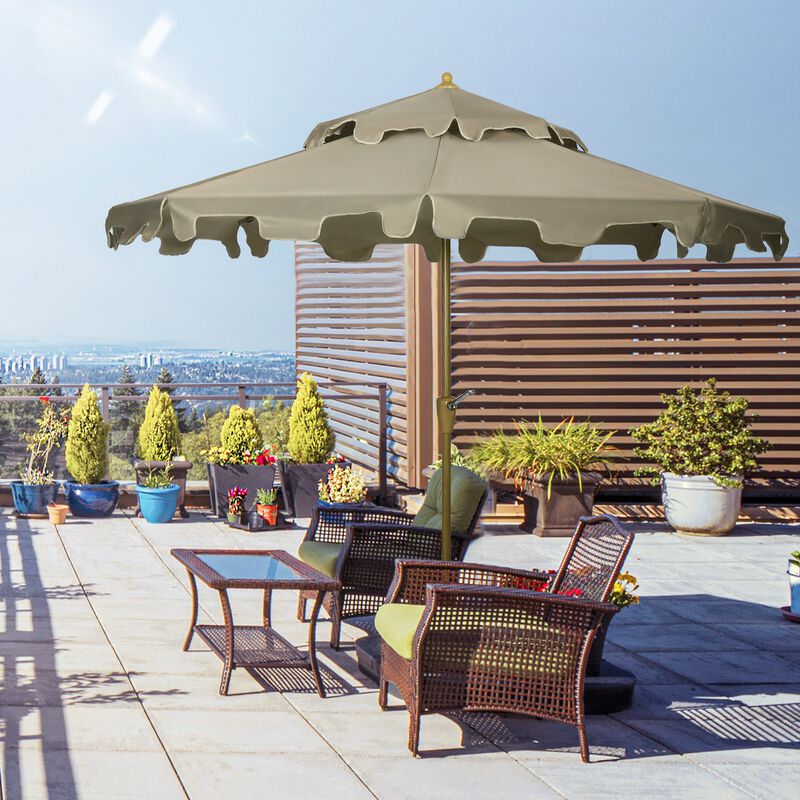 Brown Patio Umbrella: 9' Double Top Ruffled Market Umbrella with Tilt, Crank, 8 Ribs