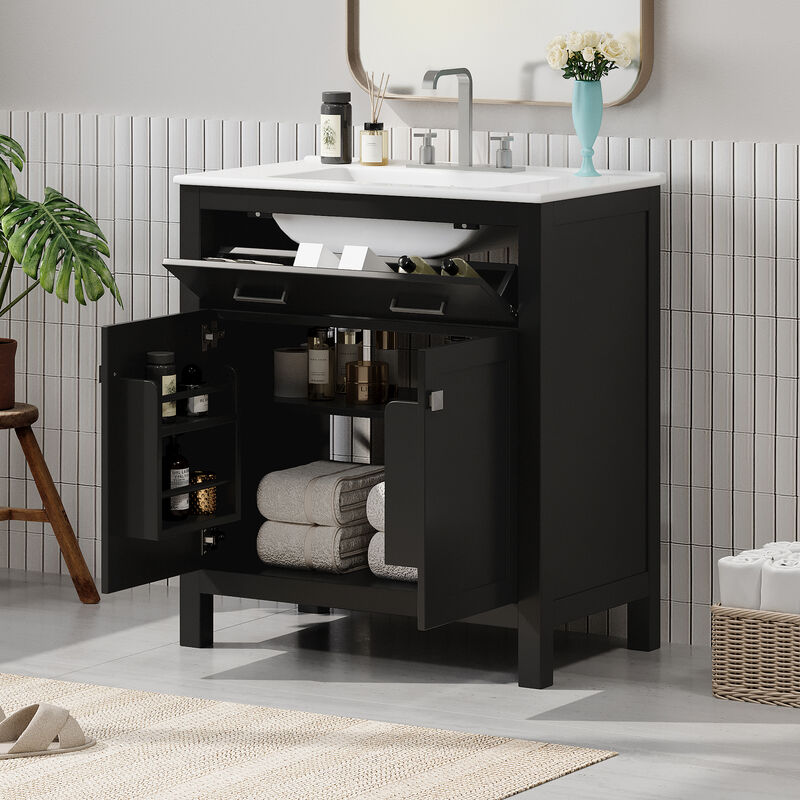 Whisen 30" Bathroom Storage Cabinet Bathroom Vanity with Ceramic Sink, 2 Soft Close Doors, Adjustable Shelf and Flip Drawer
