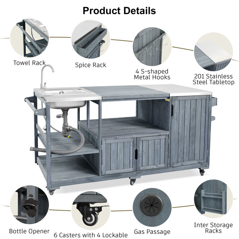 Whisen 75.4" Outdoor Kitchen Island with Stainless Steel Sink, XL Green Egg Grill Cart image number 5