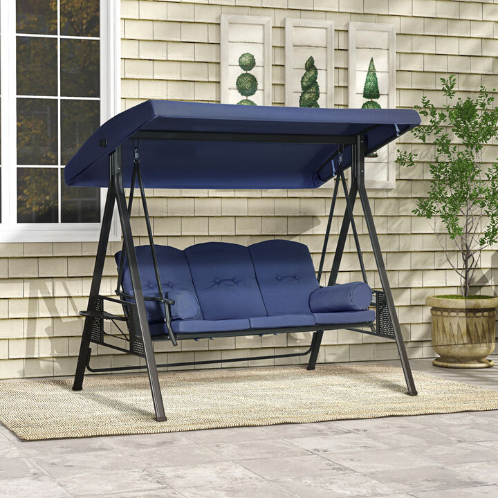 3-Person Outdoor Canopy Patio Cushioned Bench Patio Glider Swing Seat, Blue
