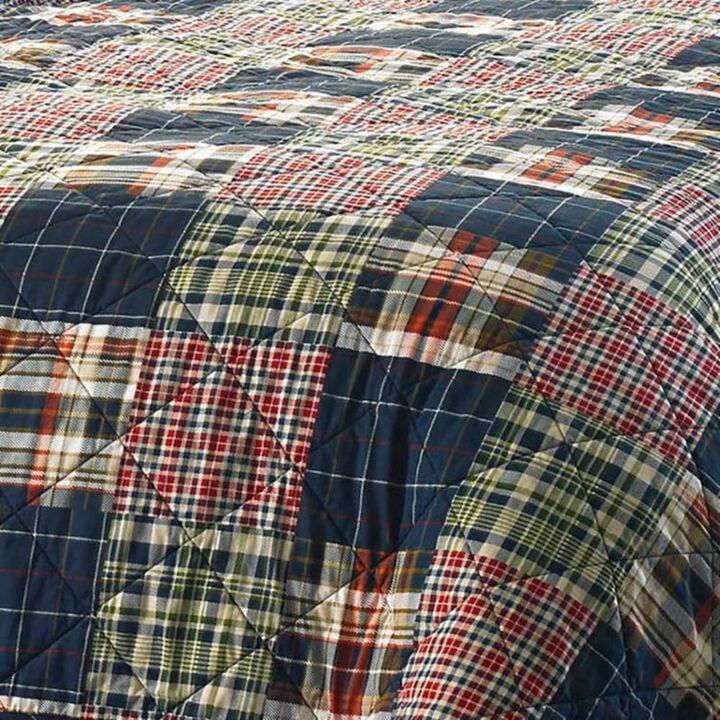 Twin size Farmhouse Red Navy Plaid 100-Percent Cotton Reversible Quilt Set