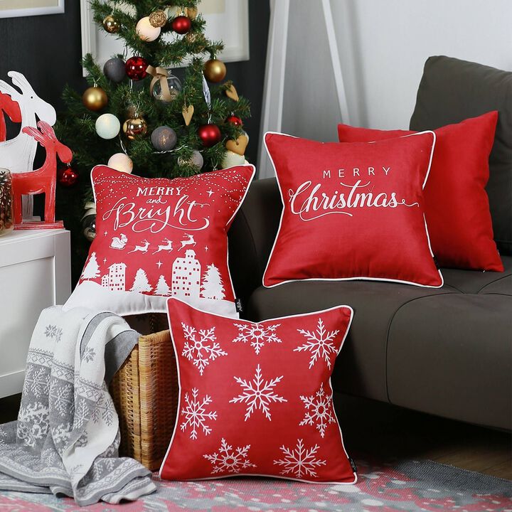 Homezia Set Of Four 18" X 18" Red Zippered Polyester Christmas Snowflakes Throw Pillow