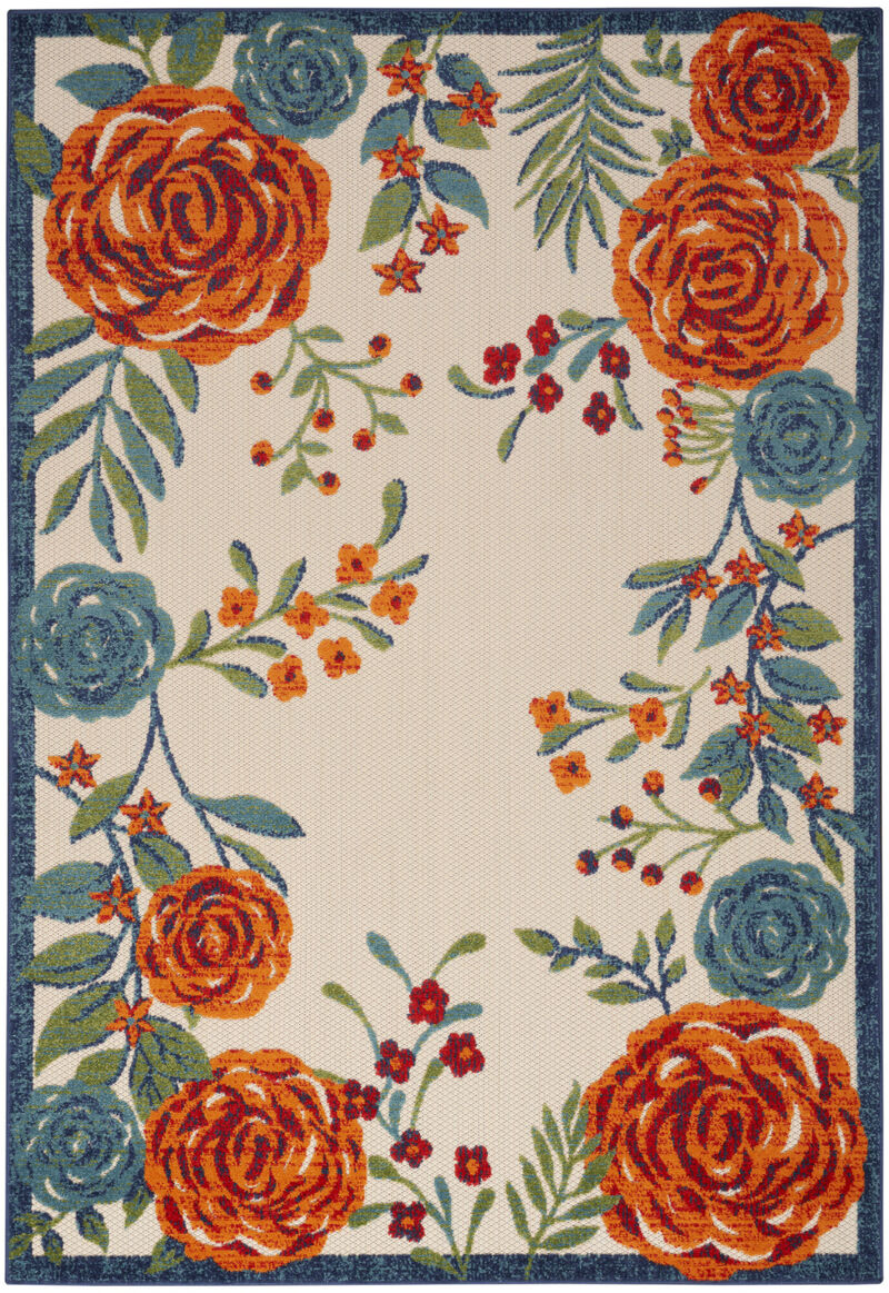 HomeRoots 6' X 9' Ivory Blue And Orange Floral Indoor Outdoor Area Rug image number 0