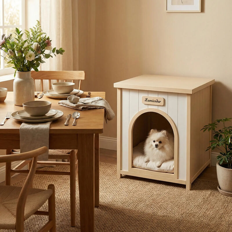 Cream Yellow Flat Roof Pet House, Solid Wood Indoor Shelter for Small Cats & Dogs image number 1