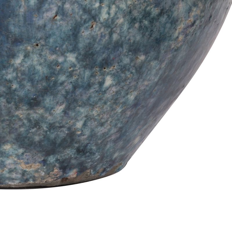 10 Inch Small Round Terracotta Vase, Subtly Curved, Textured Blue Finish-Benzara