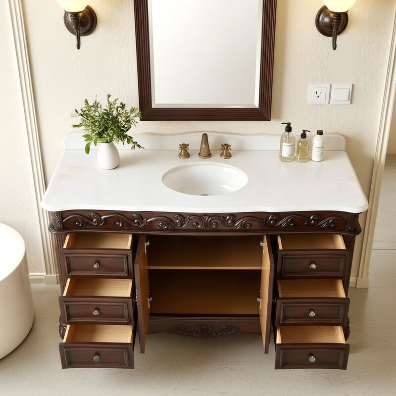 56 Inch Traditional Style Brown Beckham Bathroom Sink Vanity With White Top image number 5