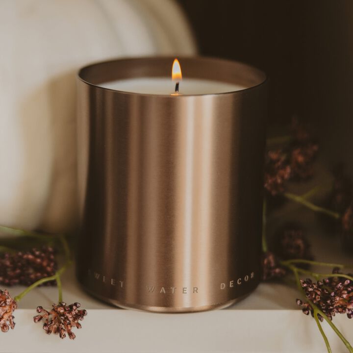 Sweet Water Decor Hello Fall 10 oz Soy Candle, Bronze Aluminum Metal Jar