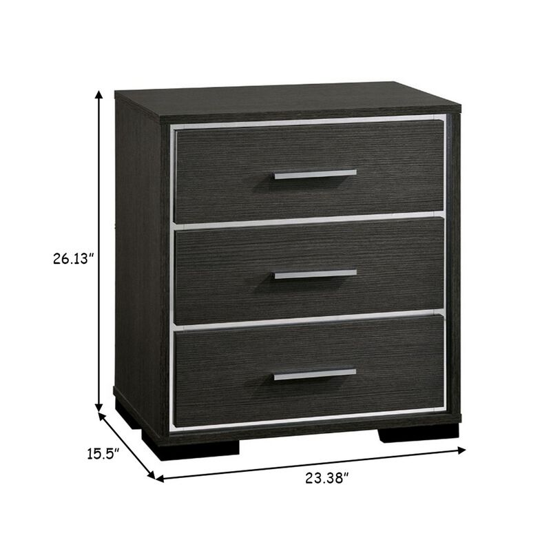 Contemporary Style Three Drawers Wooden Nightstand with Bar Handles, Dark Gray-Benzara image number 5