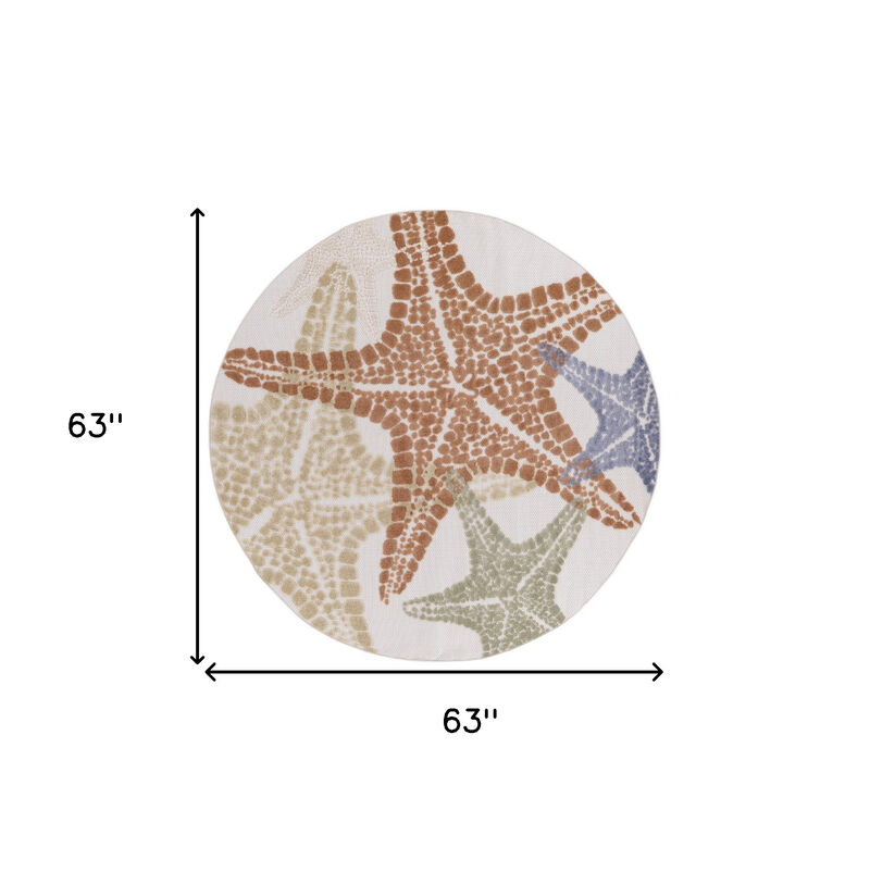 HomeRoots 5' Ivory Yellow Orange And Green Round Starfish Indoor Outdoor Area Rug image number 4