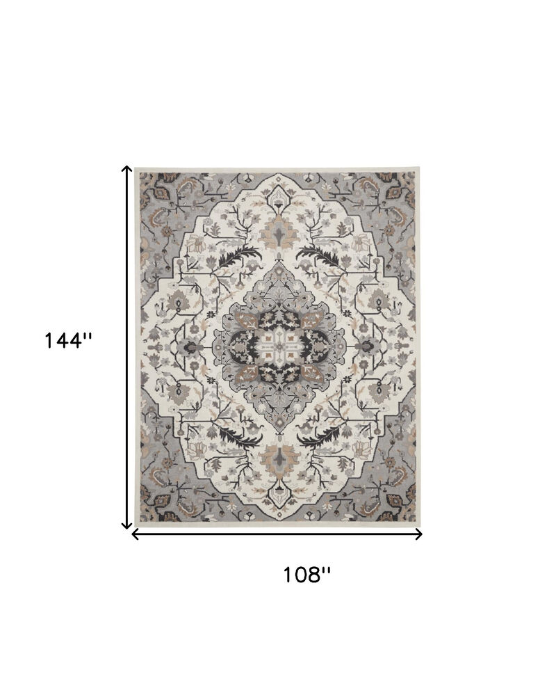 HomeRoots 9' X 12' Ivory Black and Gray Floral Medallion Non Skid Area Rug image number 3