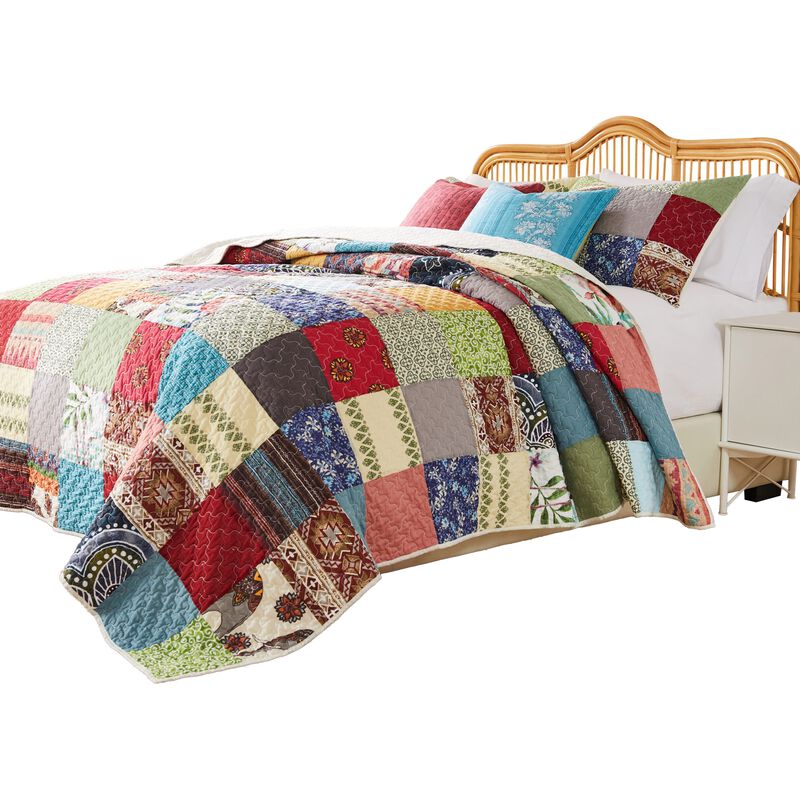 Lily 3pc King Quilt and Pillow Sham Set, Assorted Patchwork, Multicolor - Benzara