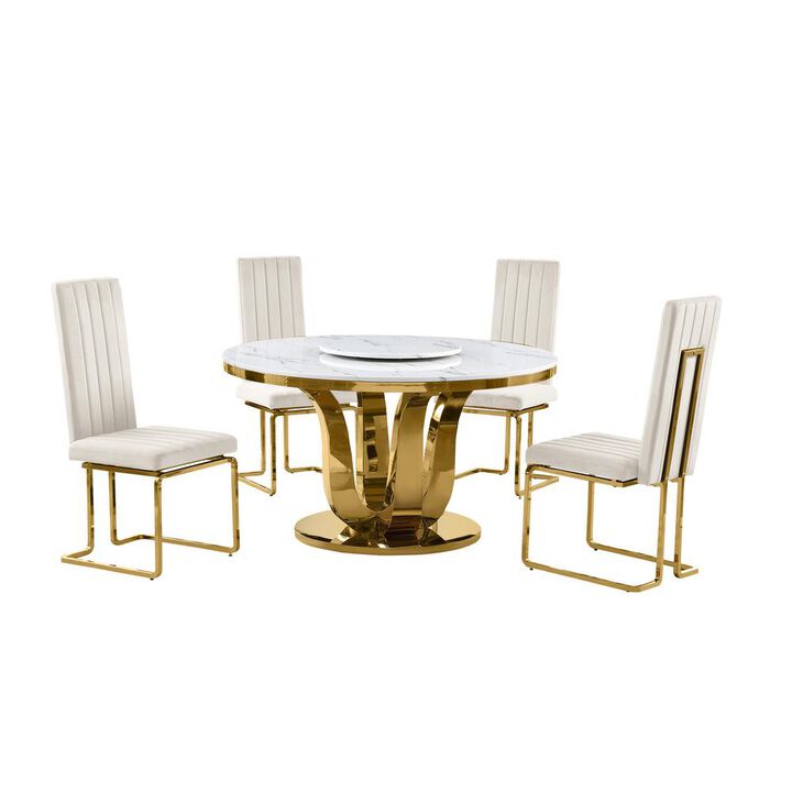5pc White marble round dining set with gold base and 4 Cream side chairs