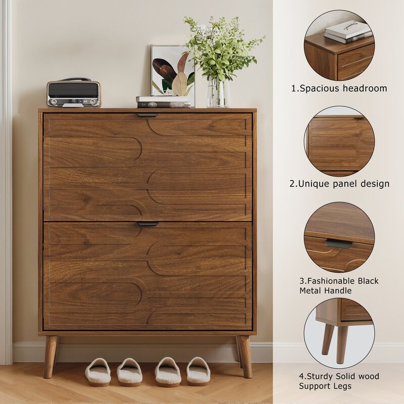 Clihome Medieval Modern Independent Shoe Cabinet, 31.5-inch Walnut Shoe Storage Cabinet,, Fence Shoe Cabinet With 2 Flip Drawers, Suitable For Corridors And Entrances image number 3