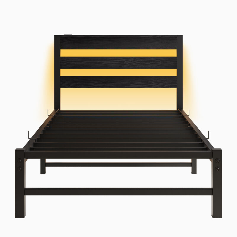 Platform Bed Frame with LED Lights & USB Charging Station, Rustic Wood Headboard, No Box Spring Needed image number 0