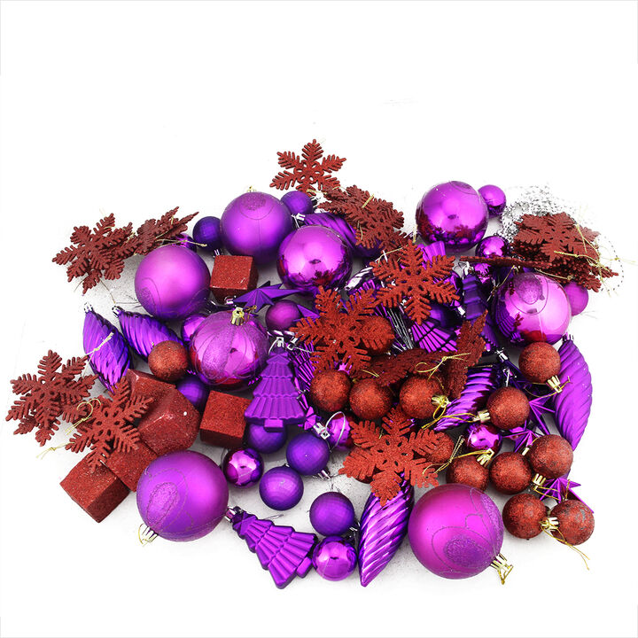 125ct Purple and Red Shatterproof 3-Finish Christmas Ornaments 5.5" (139.7mm)