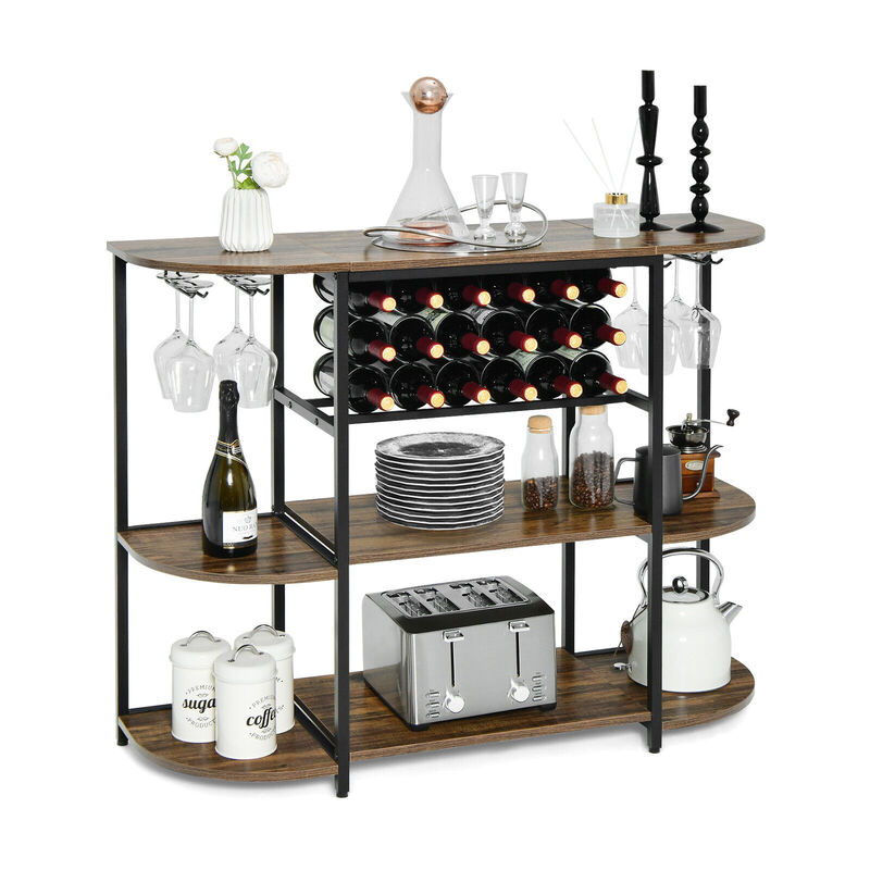 47 Inches Wine Rack Table with Glass Holder and Storage Shelves - Rustic Brown