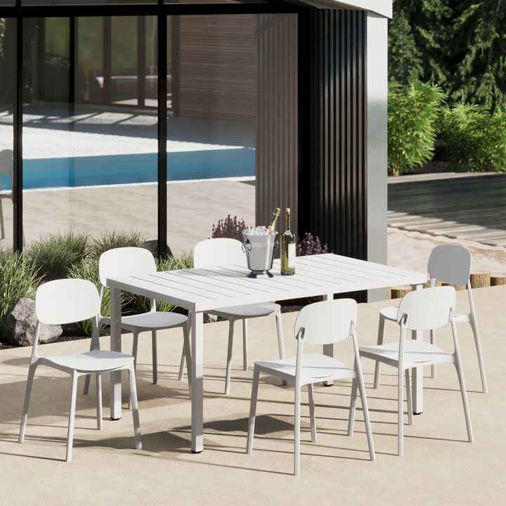 WestinTrends 7-Piece Outdoor Rectangular Metal Patio Dining Table Set With Mid-Century Modern Stackable Patio Side Chairs