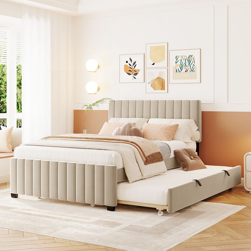 Merax Full Size Velvet Upholstered Platform Bed with Twin Size Trundle