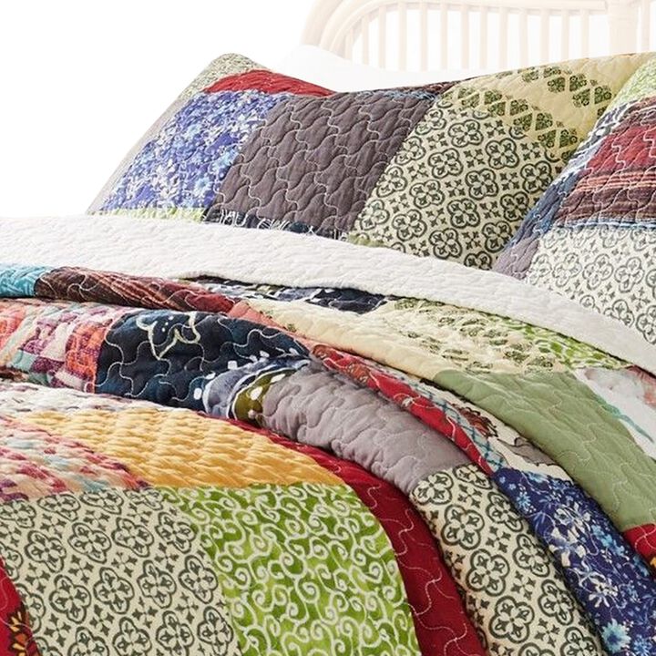Lily 3 Piece Queen Quilt Set with 2 Pillow Shams, Multicolor Patchwork - Benzara