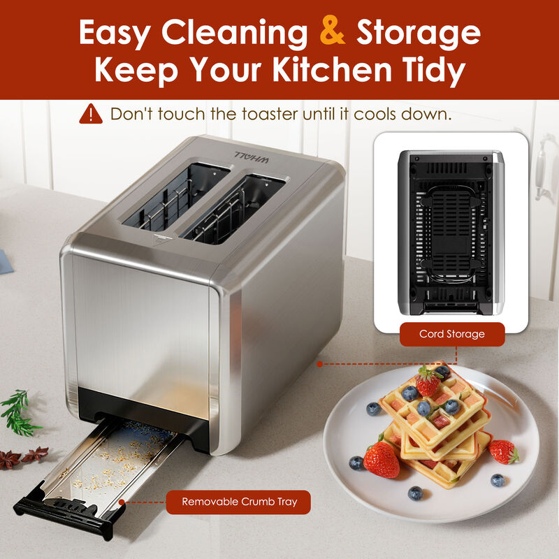 WHALLULTRA Touch Screen Toaster 2 Slice, 1.5'' Wide Slot Stainless Steel Toaster with Digital Timer, 6 Bread Types & 6 Shade Settings, Crumb Tray image number 6