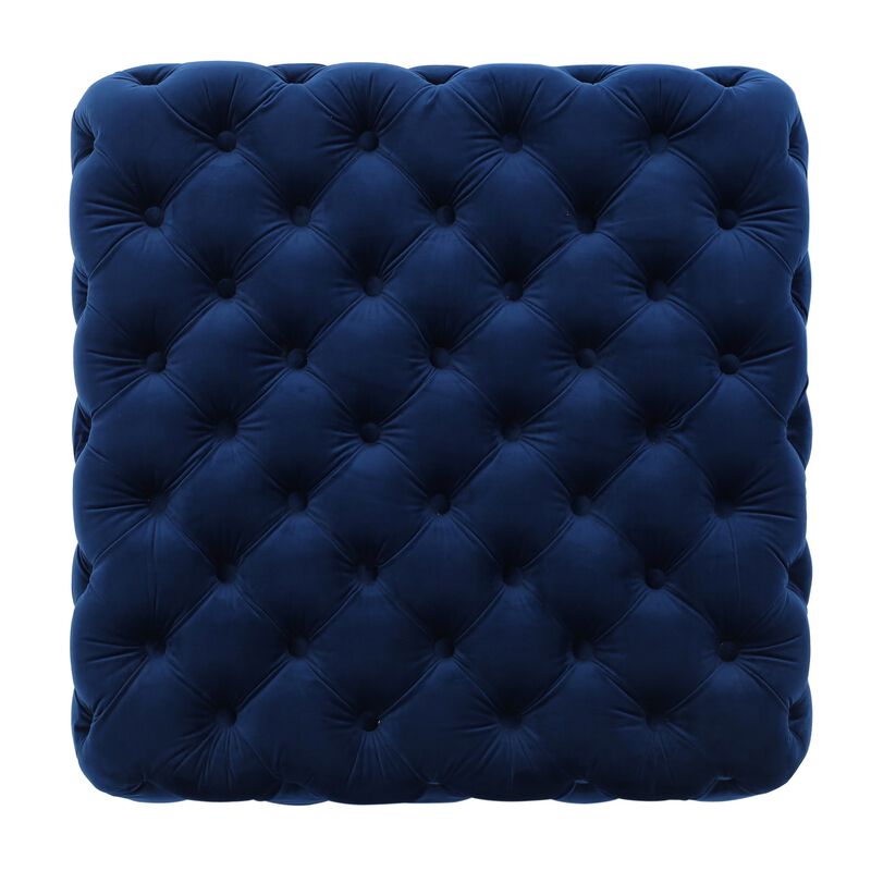 Ottoman, Modern Button Tufted, Navy Blue Velvet, 29 Inch Square Shape - Benzara