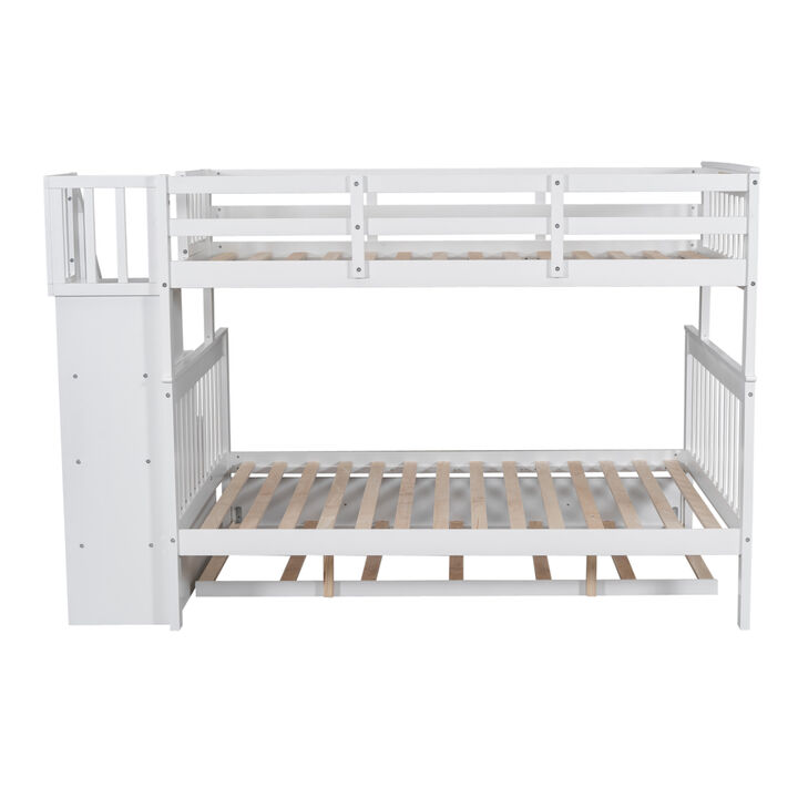 Whisen Twin-Over-Full Bunk Bed with Twin size Trundle, Storage and Guard Rail for Bedroom